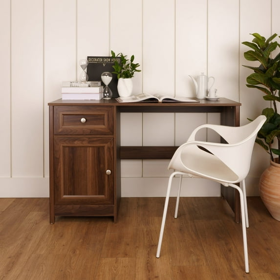 Boahaus Jeonju Modern Computer Desk, with 1 Cabinet, 1 Drawer, Walnut, for Adults