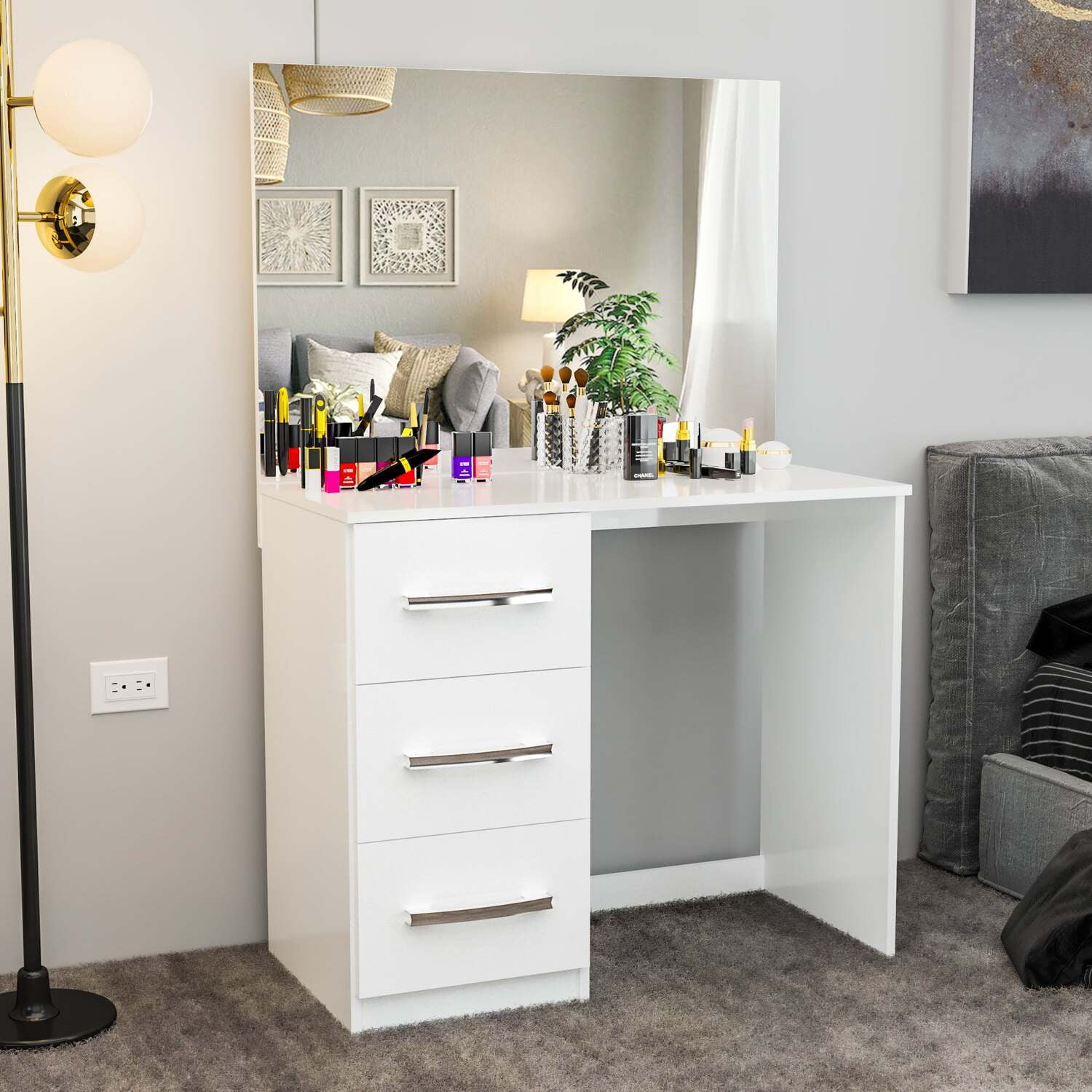 Boahaus Kira Modern Makeup Vanity Desk with 3 Drawers, Wide Mirror