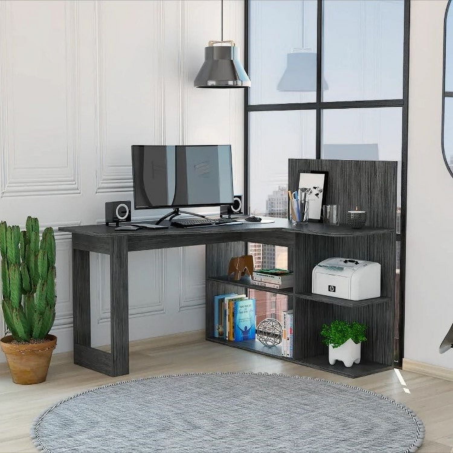 Boahaus Kochi Modern Desk, Open Shelves, for Adults, Gray