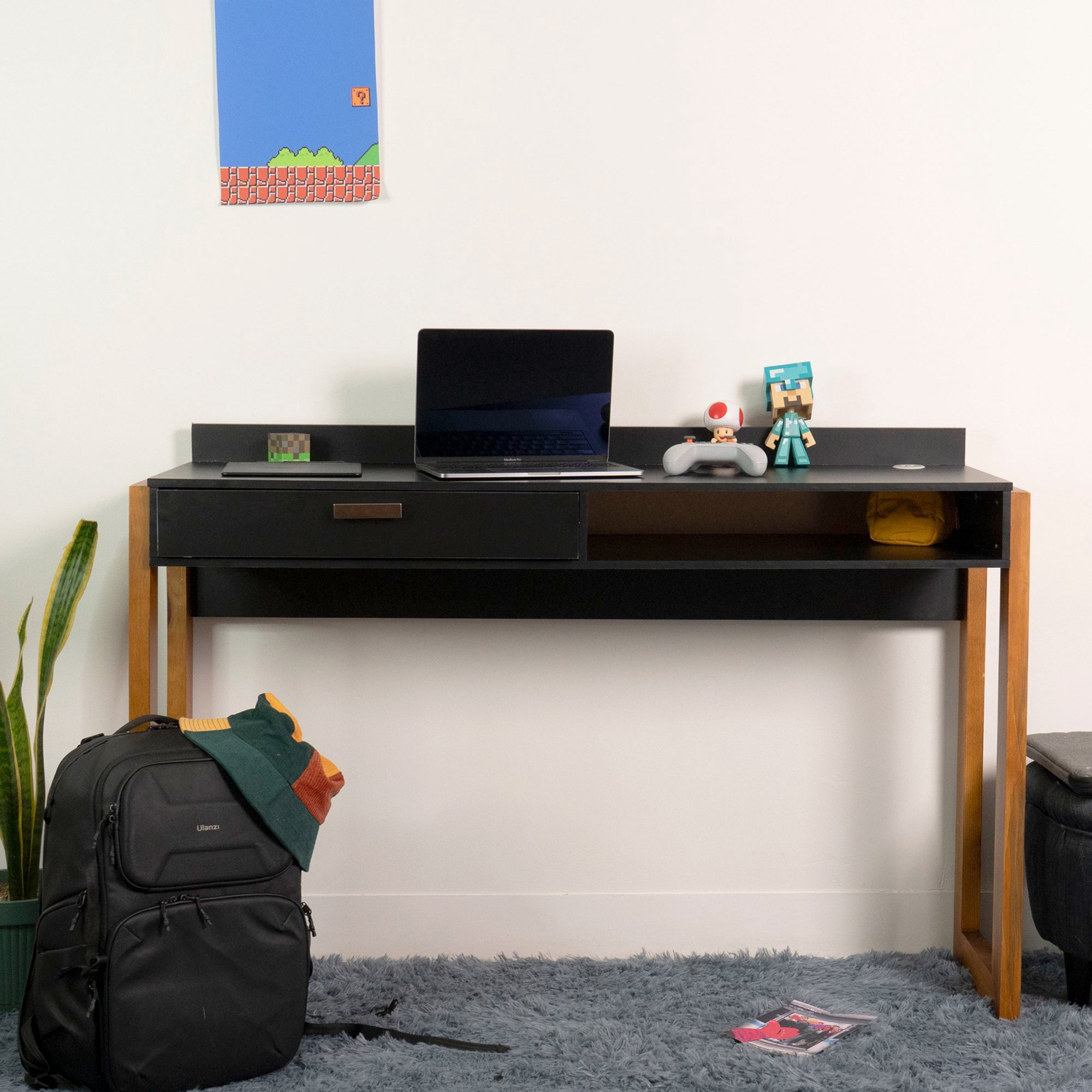 Boahaus Dalton Desk Black with Drawer and USB Charging Port, Small Home Office Desk