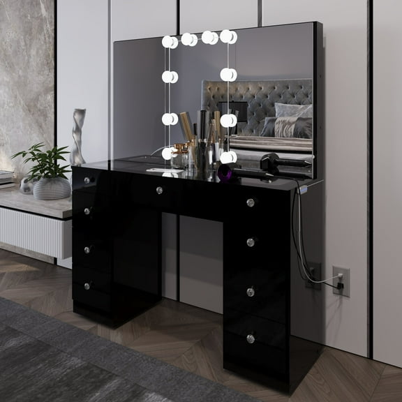 Ember Interiors Pro Black Makeup Vanity Desk with Glass Top, 10 Bulb Light Mirror, and Storage Cabinets