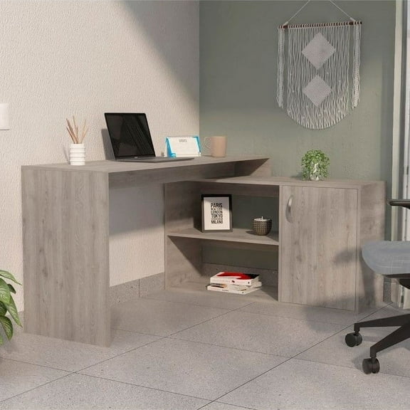Boahaus Linyi L-Shaped Computer Desk, Light Gray, 2-Shelves, One Cabinet, for Adults