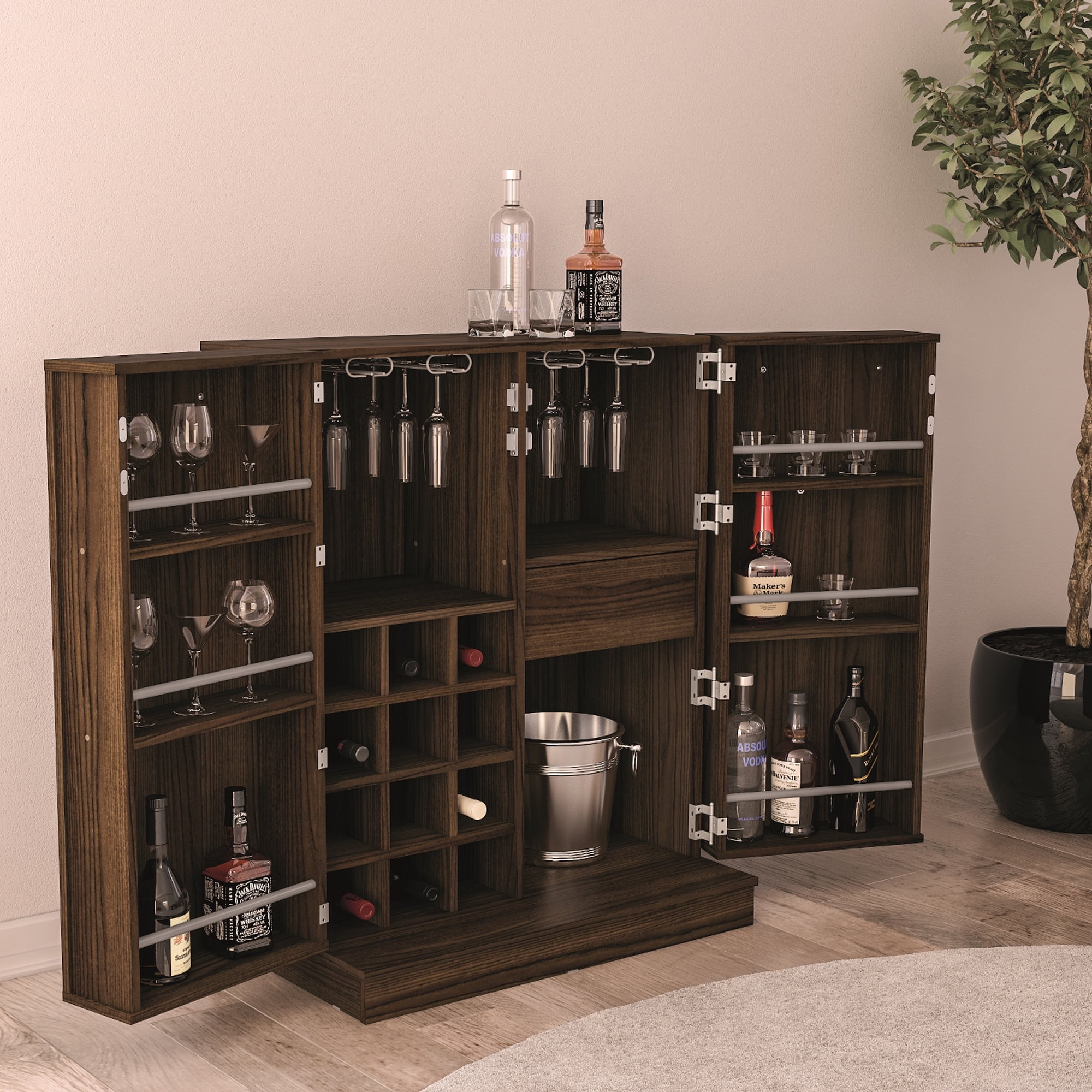 Boahaus Liverpool Bar Wine Storage, Dark Brown Finish
