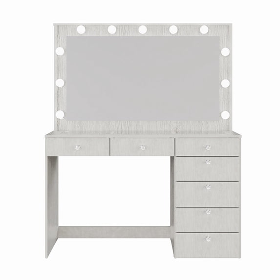 Boahaus Luna Vanity Desk with Mirror and Lights – 7 Drawer Makeup Vanity Table with Storage and Power Outlet