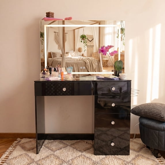 Boahaus Lyra Vanity Desk with LED Mirror, Bluetooth Speakers, and Storage