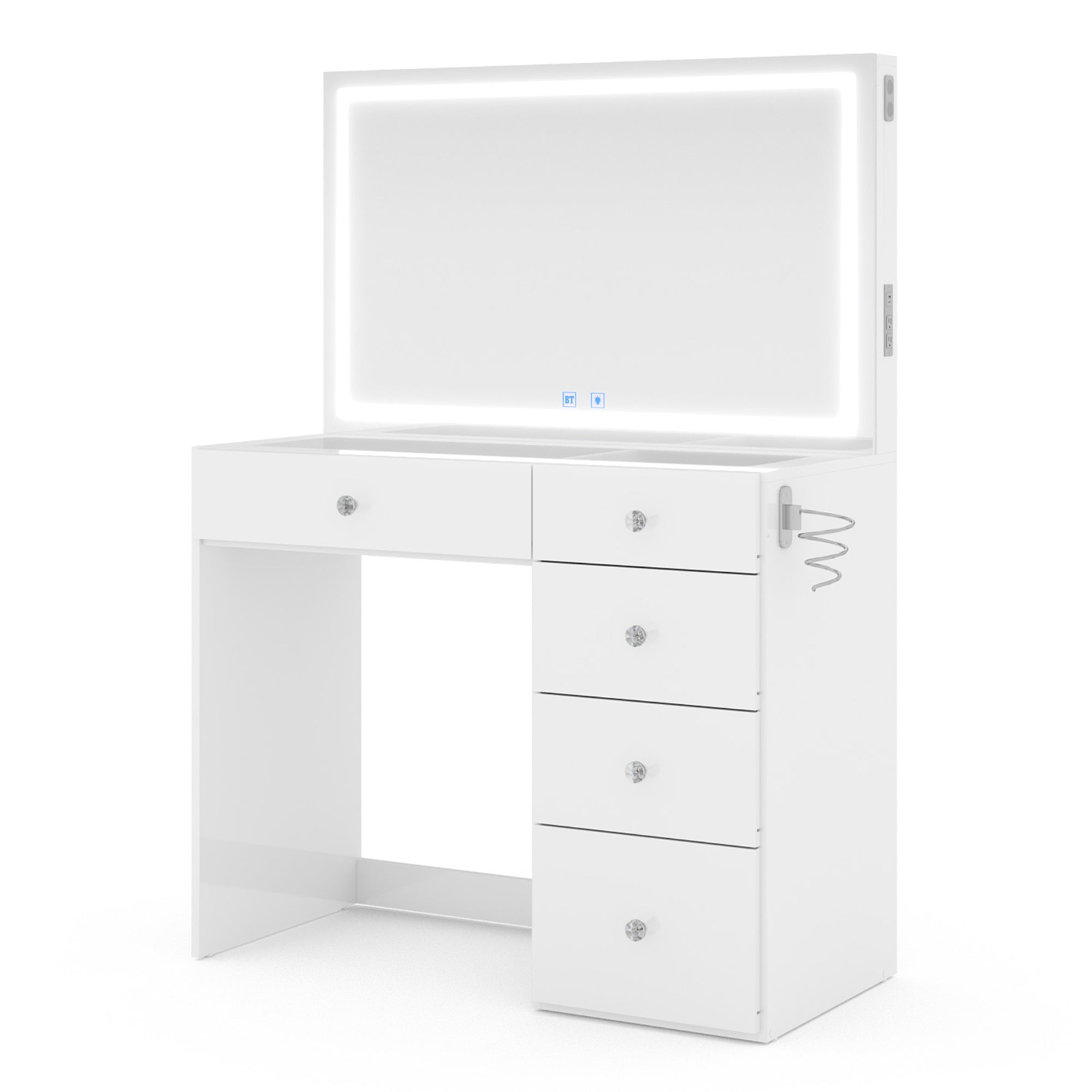 Boahaus Lyra Vanity Desk with LED Mirror and Built-In Speakers – Compact Makeup Vanity Table with Storage and Power Outlet