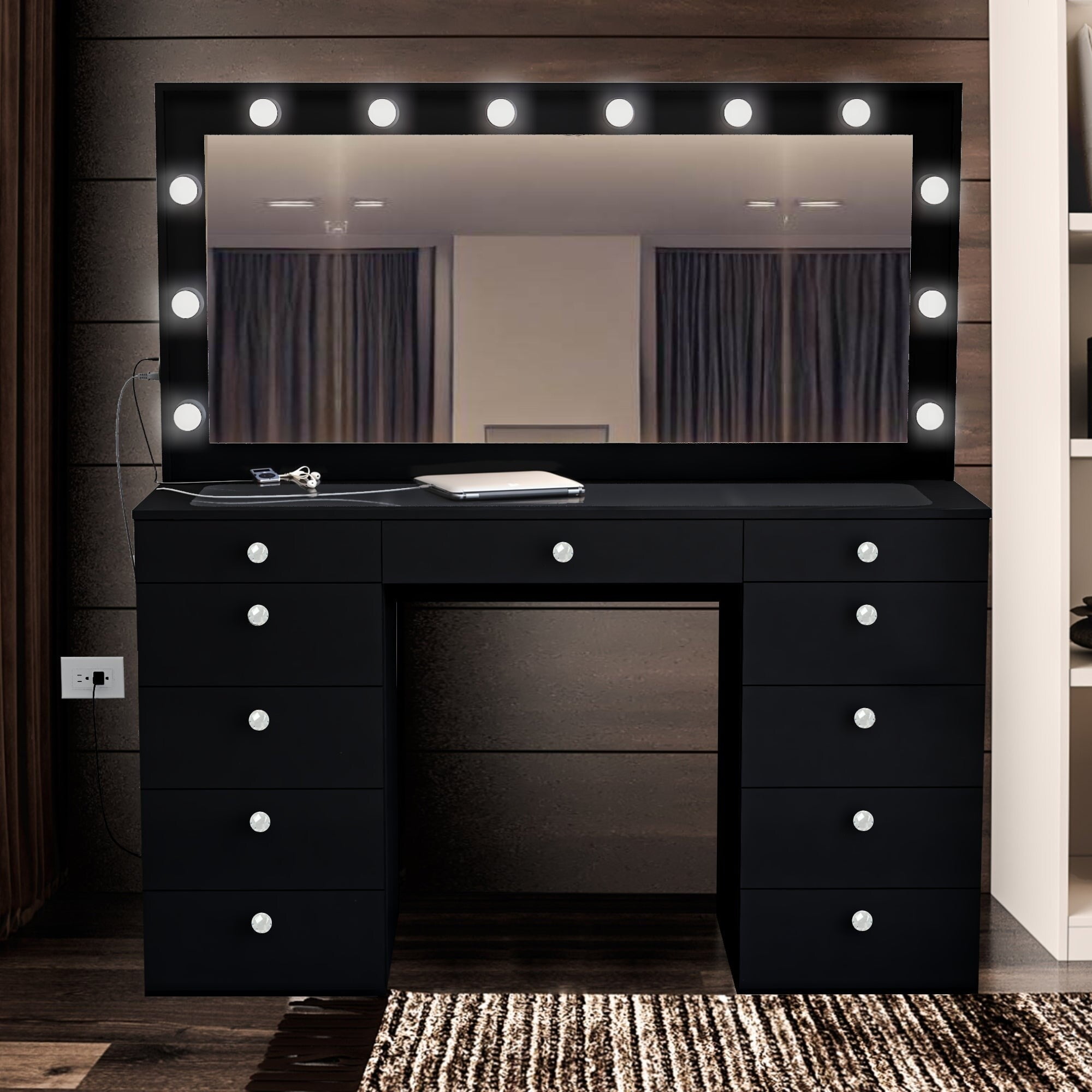Boahaus Large Makeup Vanity Glass Top 12 Lights 11 Drawers Crystal ...