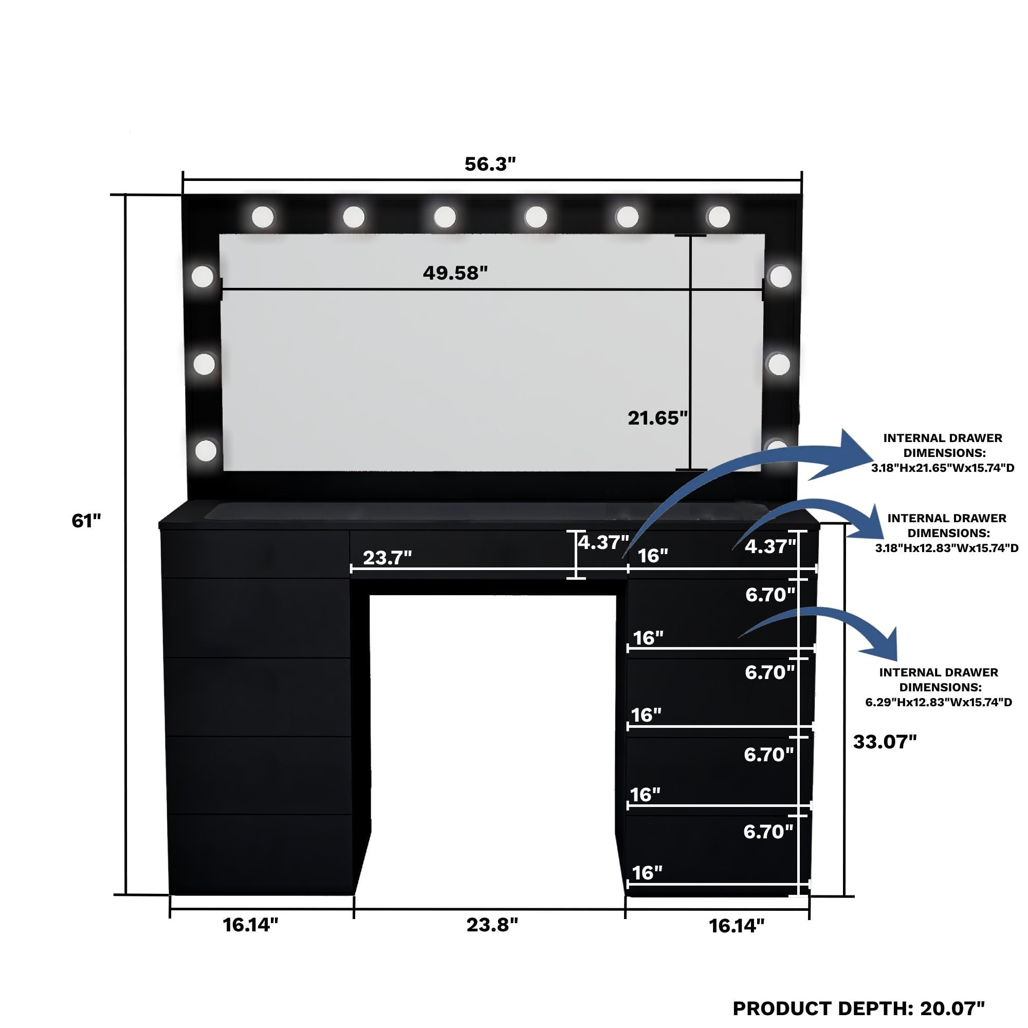 Boahaus Makeup Vanity Table, 11 Drawers, Mirror, Lights, Glass Top