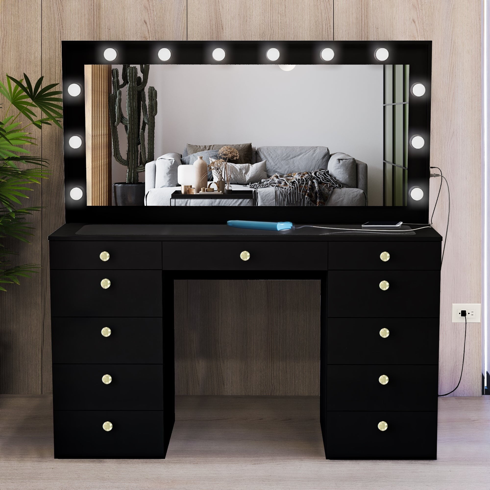 Boahaus Makeup Vanity Table, 11 Drawers, Mirror, Lights, Glass Top