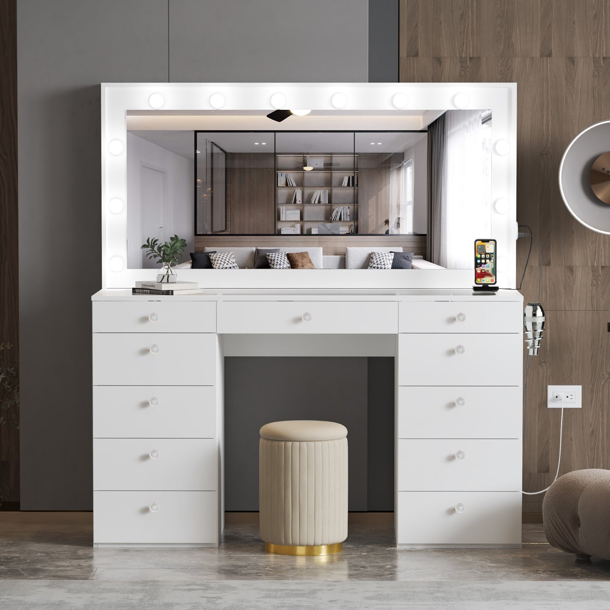 Boahaus Makeup Vanity Table, 11 Drawers, Mirror, Lights, Glass Top