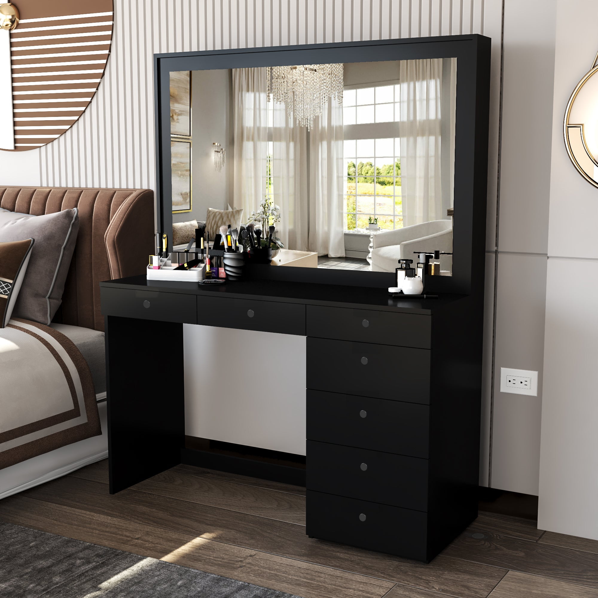 Boahaus Modern Bedroom Vanity Table, Black, Wide Mirror, 07 Drawers Boahaus Modern Bedroom Vanity Table, Black, Wide Mirror, 07 Drawers