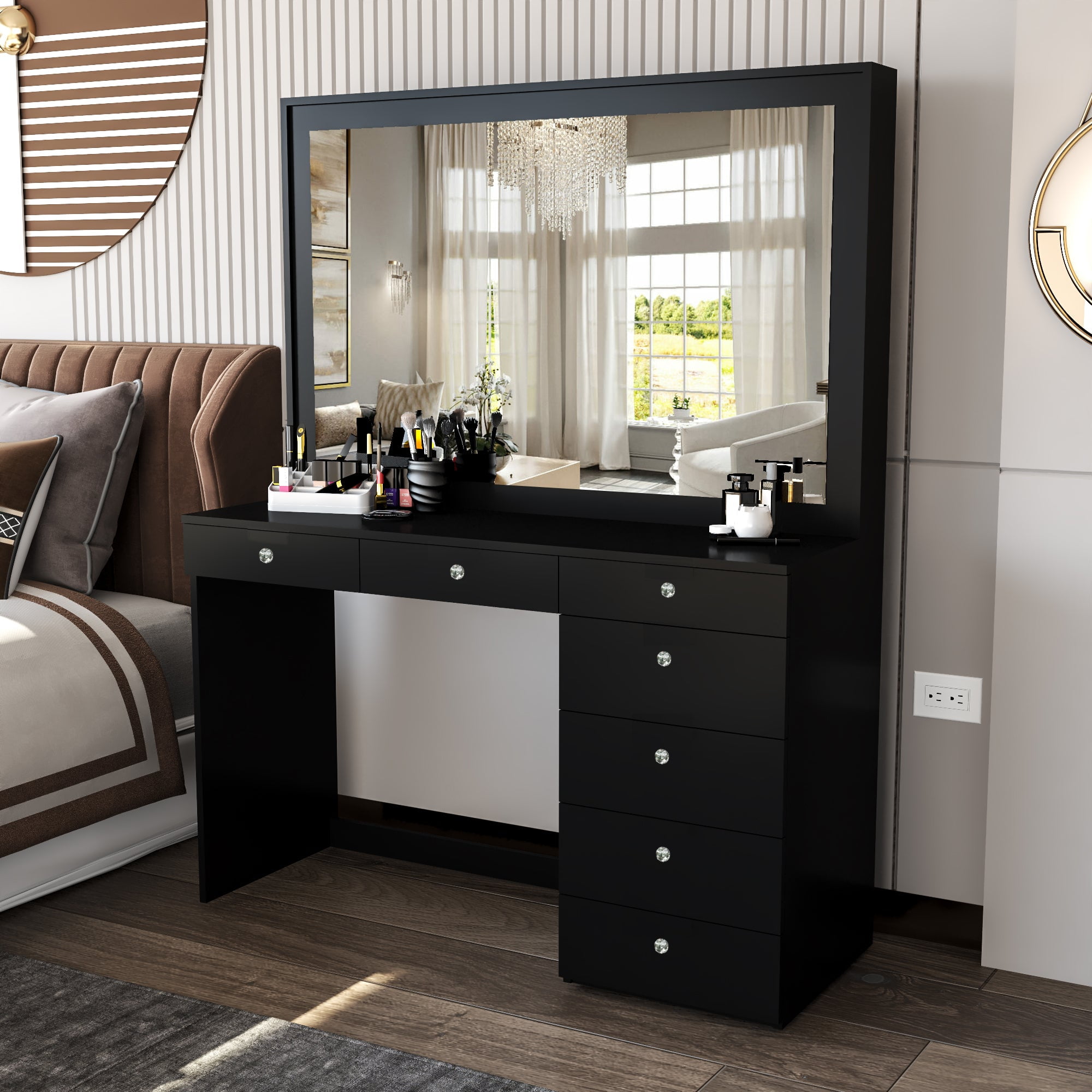 Boahaus Modern Black Painted Vanity Table with Crystal Knobs, for