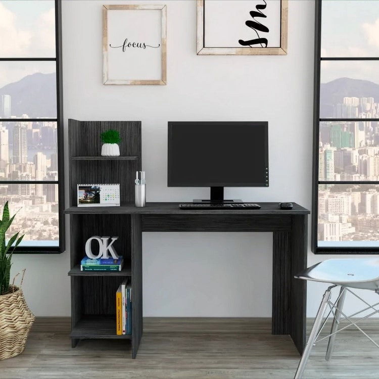 Grey Computer Desk Open Box Boahaus Modern Kawasaki Computer Desk with 3 Open Shelves, Gray, for ...