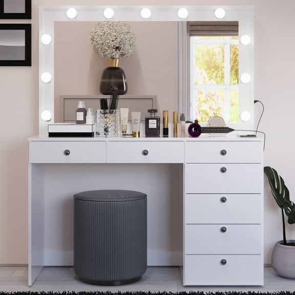 Boahaus White Makeup Vanity with Mirror and 11 Lights, 7 Drawers, Glass Top, Crystal Knobs, USB-A & USB-C Ports, 110V Power Outlet, Bedroom Vanity Desk