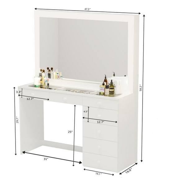 Boahaus Modern Makeup Vanity Glass Top 7 Spacious Drawers - N/A White - Crystal Ball Knobs Off-White Finish