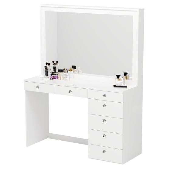 Boahaus Modern Vanity Table, White, 7 Drawers, Wide Mirror White-Basic Knobs