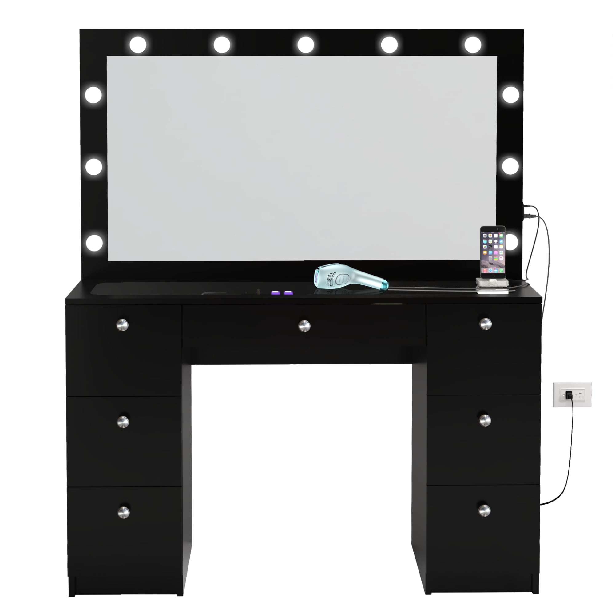 Boahaus Modern Yara Makeup Vanity Table with Mirror, 7 Drawers, Black