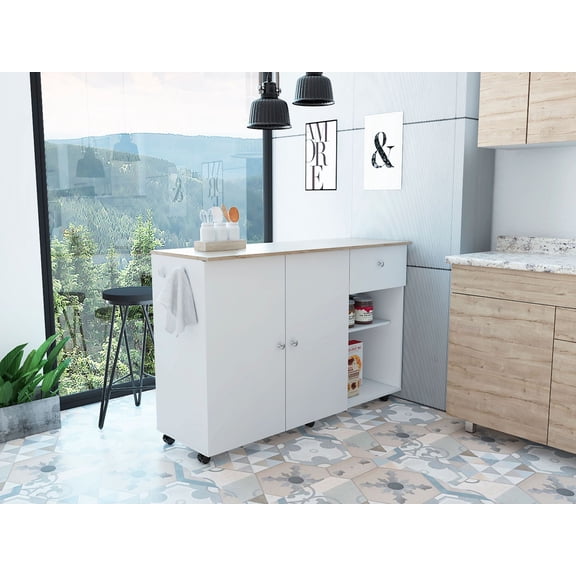 Boahaus Nanterre Modern Kitchen Island with 1 Cabinet, 1 Drawer, 2 Open Shelves and Wheels, White/Pine