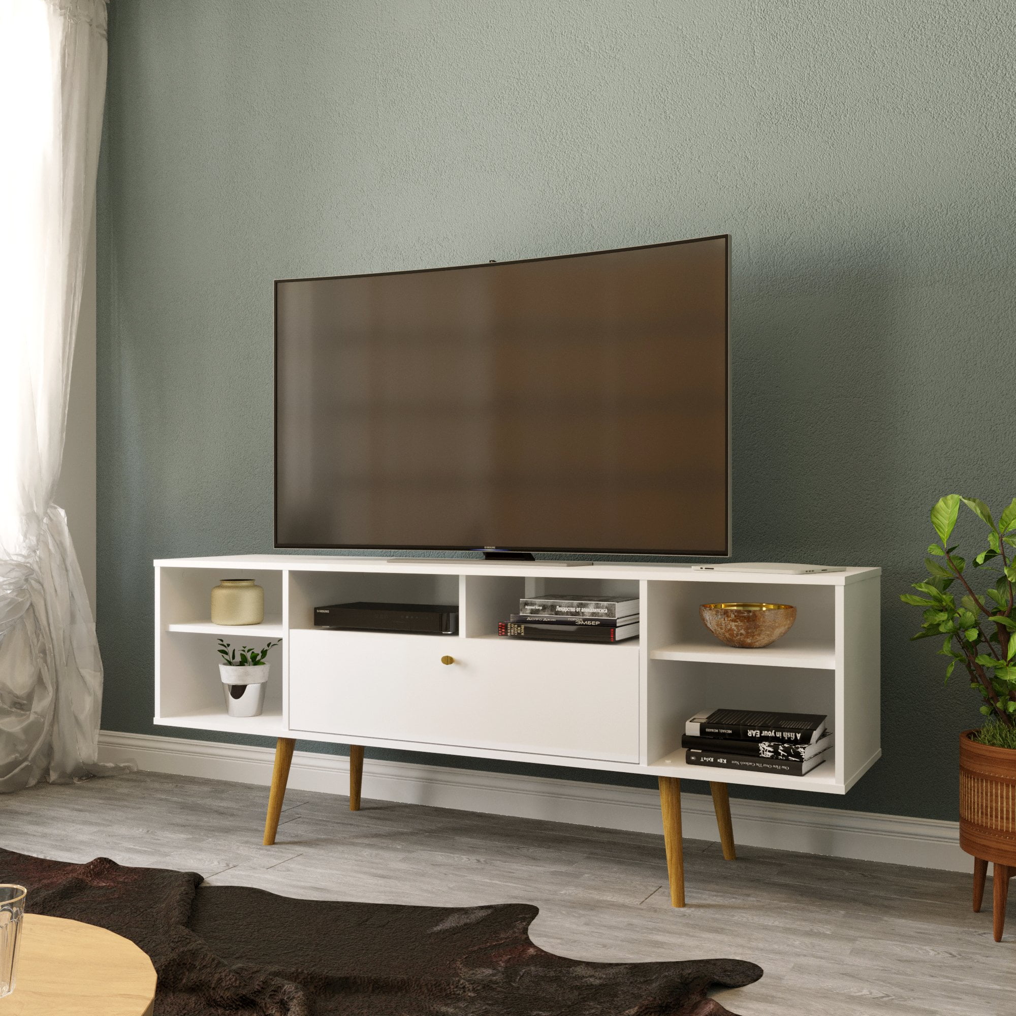 Boahaus Nashville Modern TV Stand, White Finish, Wood Legs, TV's up to ...