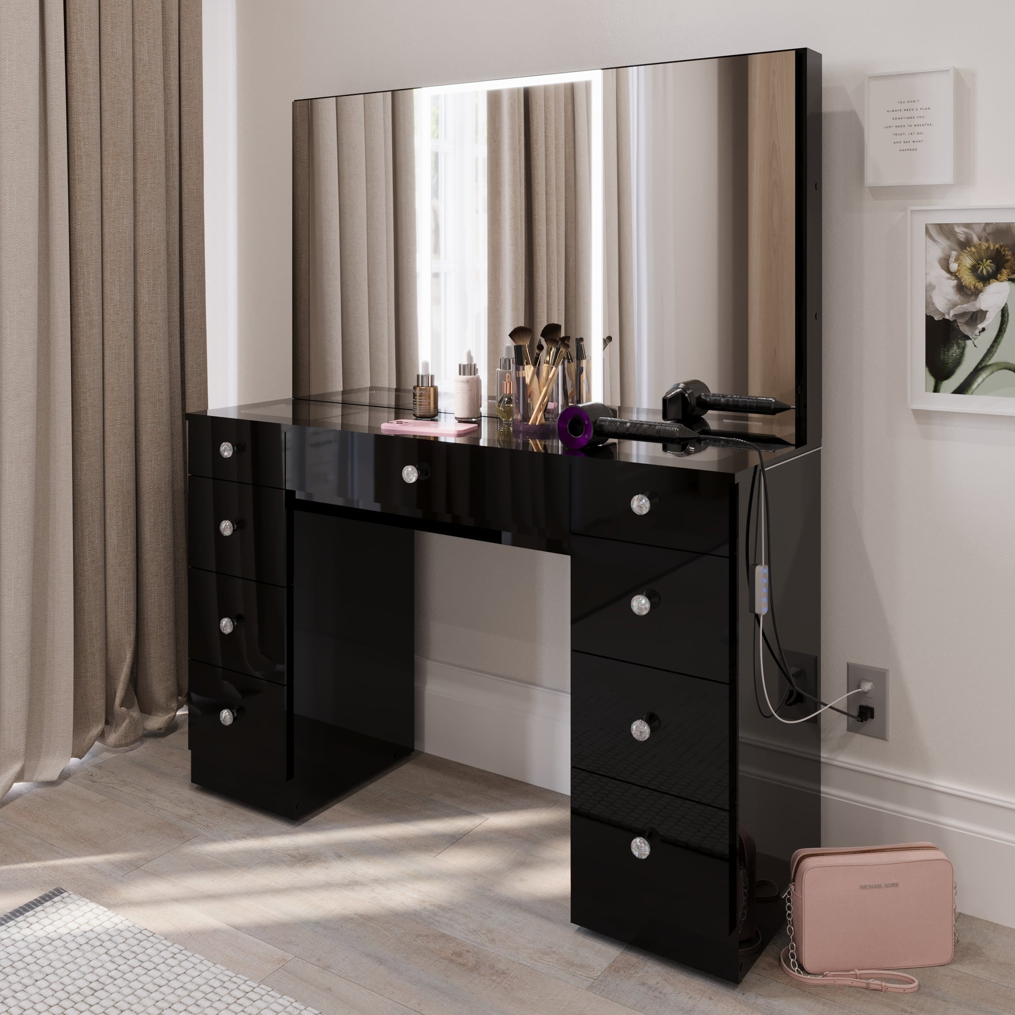 Boahaus Noah Vanity Desk with Tri-Fold Mirror, Glass Top, LED Add-On Lights, and 9 Drawers