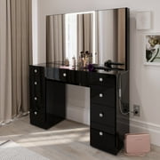 Boahaus Noah Vanity Desk with Tri-Fold Mirror, Glass Top, LED Add-On Lights, and 9 Drawers
