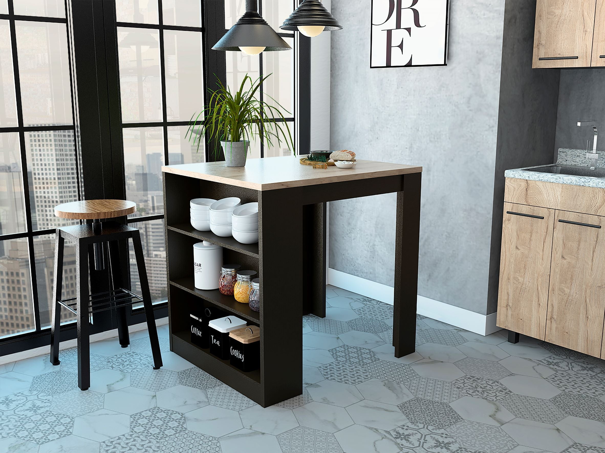 Boahaus Rennes Kitchen Island, Assembled Product Height 36 in, Black Wengue / Pine