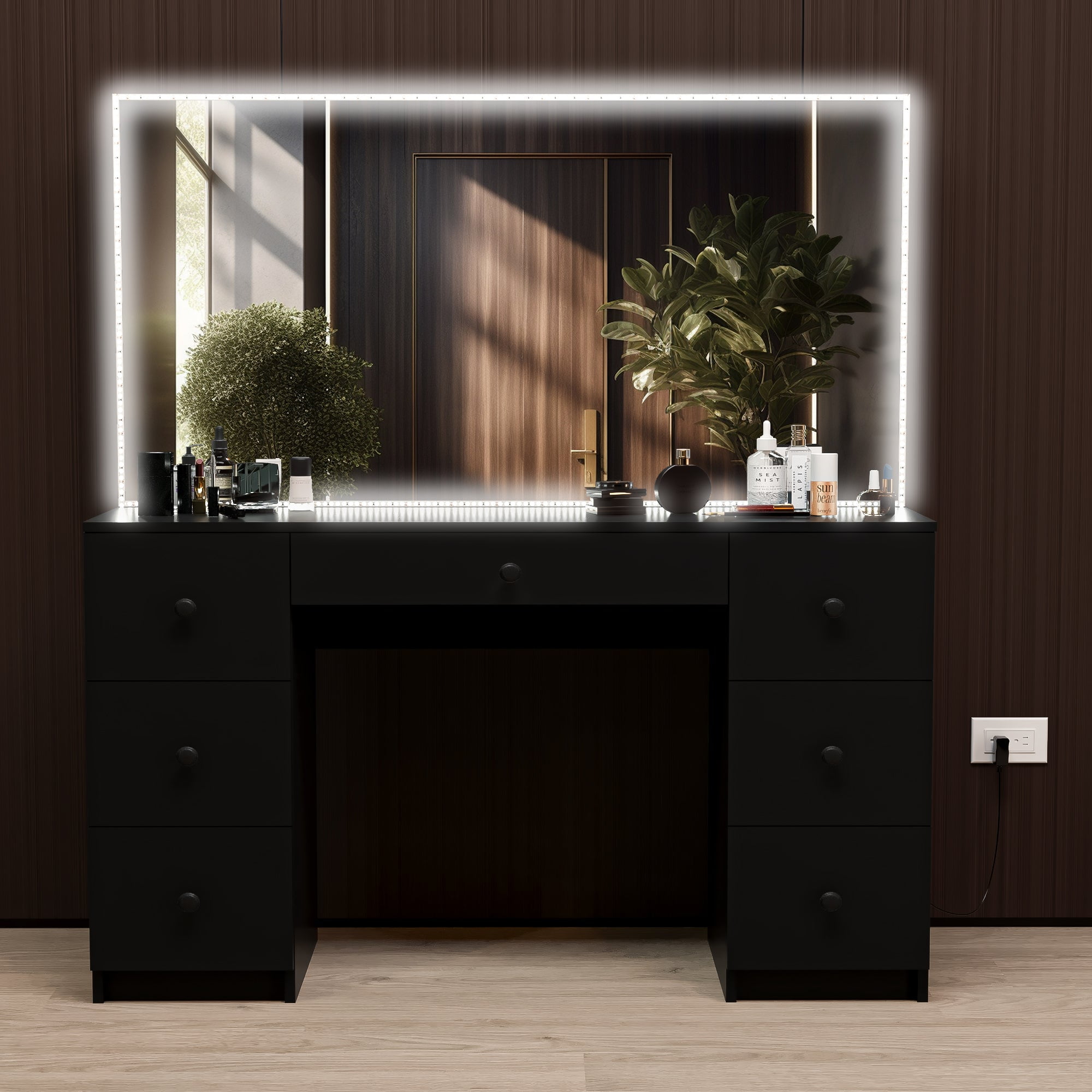 Boahaus Sabrina Modern Black Vanity Desk with LED Lights, 07 Drawers
