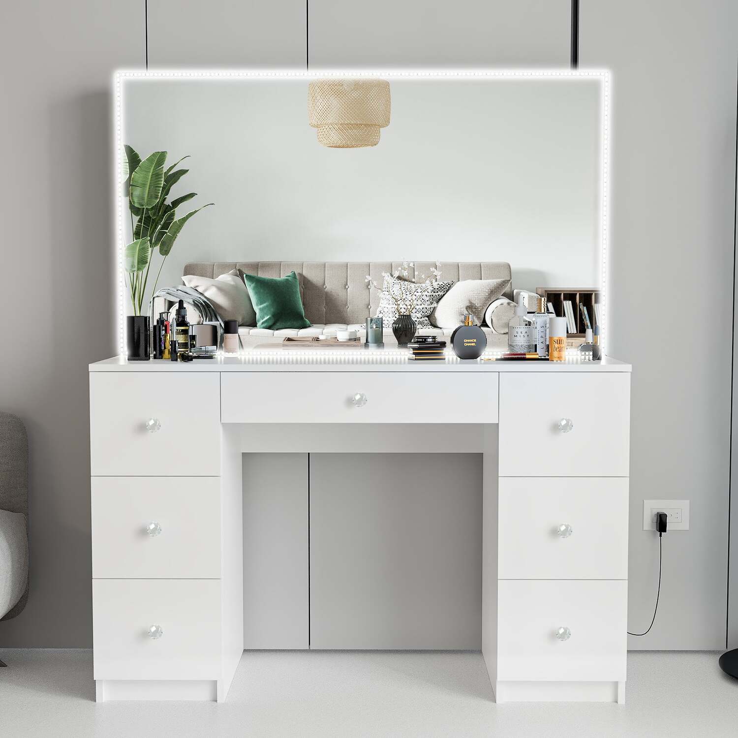 Boahaus Sabrina Modern Vanity Desk with Mirror and Lights, 07 Drawers
