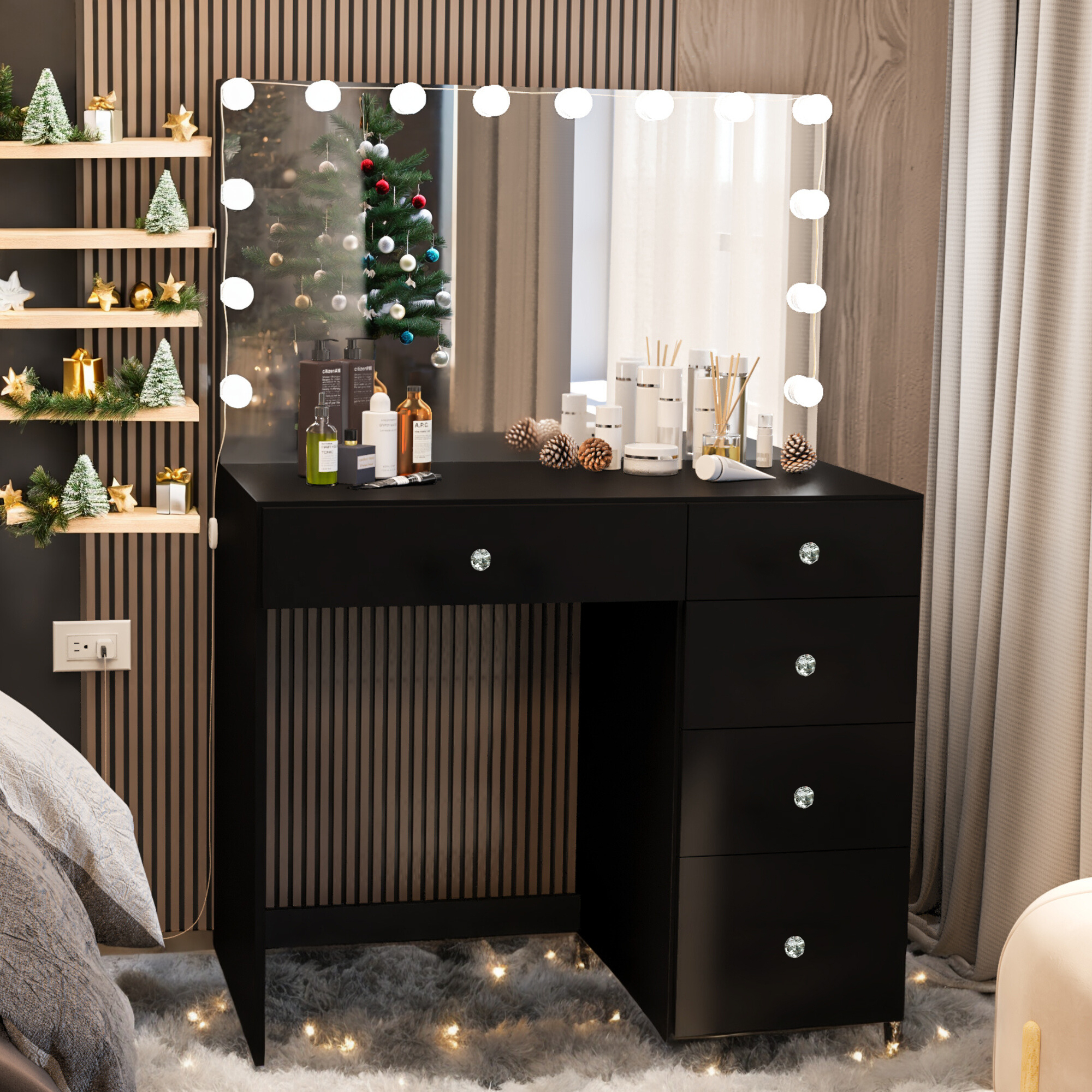 Boahaus Saranya Modern Makeup Vanity Desk with Mirror, Light Bulbs Add