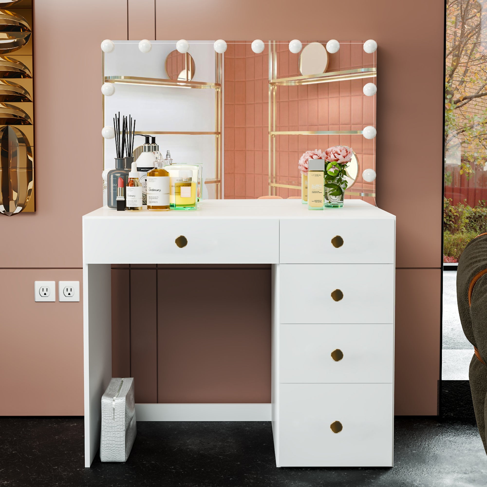 Boahaus Saranya Modern Makeup Vanity Desk with Mirror, Light Bulbs Add