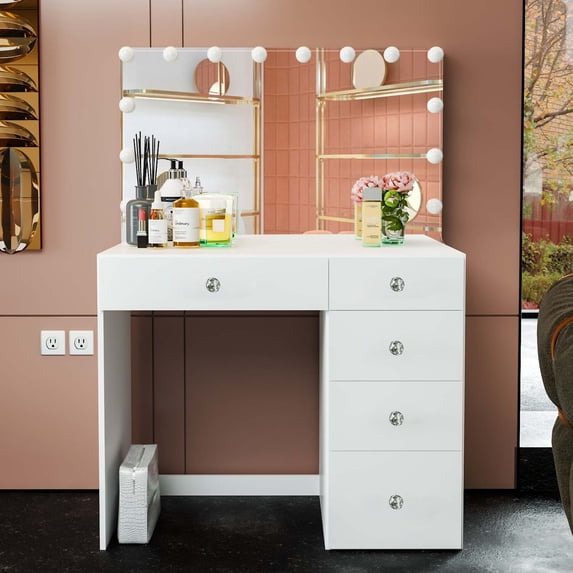 Boahaus Saranya White Makeup Vanity Desk (Crystal Knobs)
