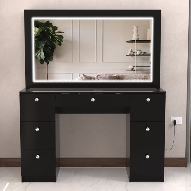 Boahaus Seraphine Modern Black Vanity Desk with LED Lights, 7 Drawers