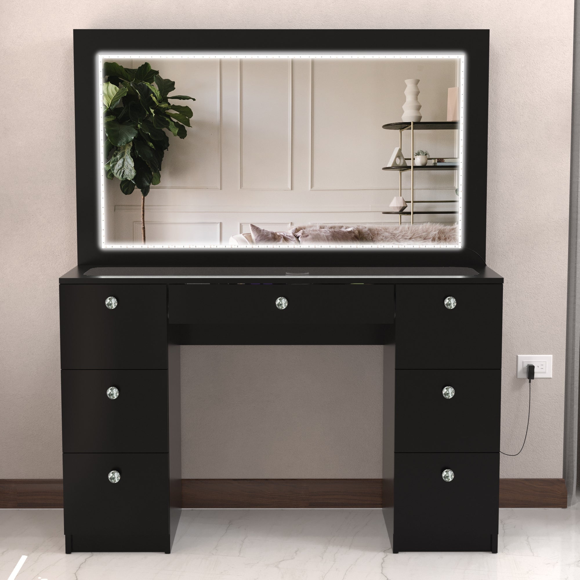 Boahaus Seraphine Modern Black Vanity Desk with LED Lights, 7 Drawers