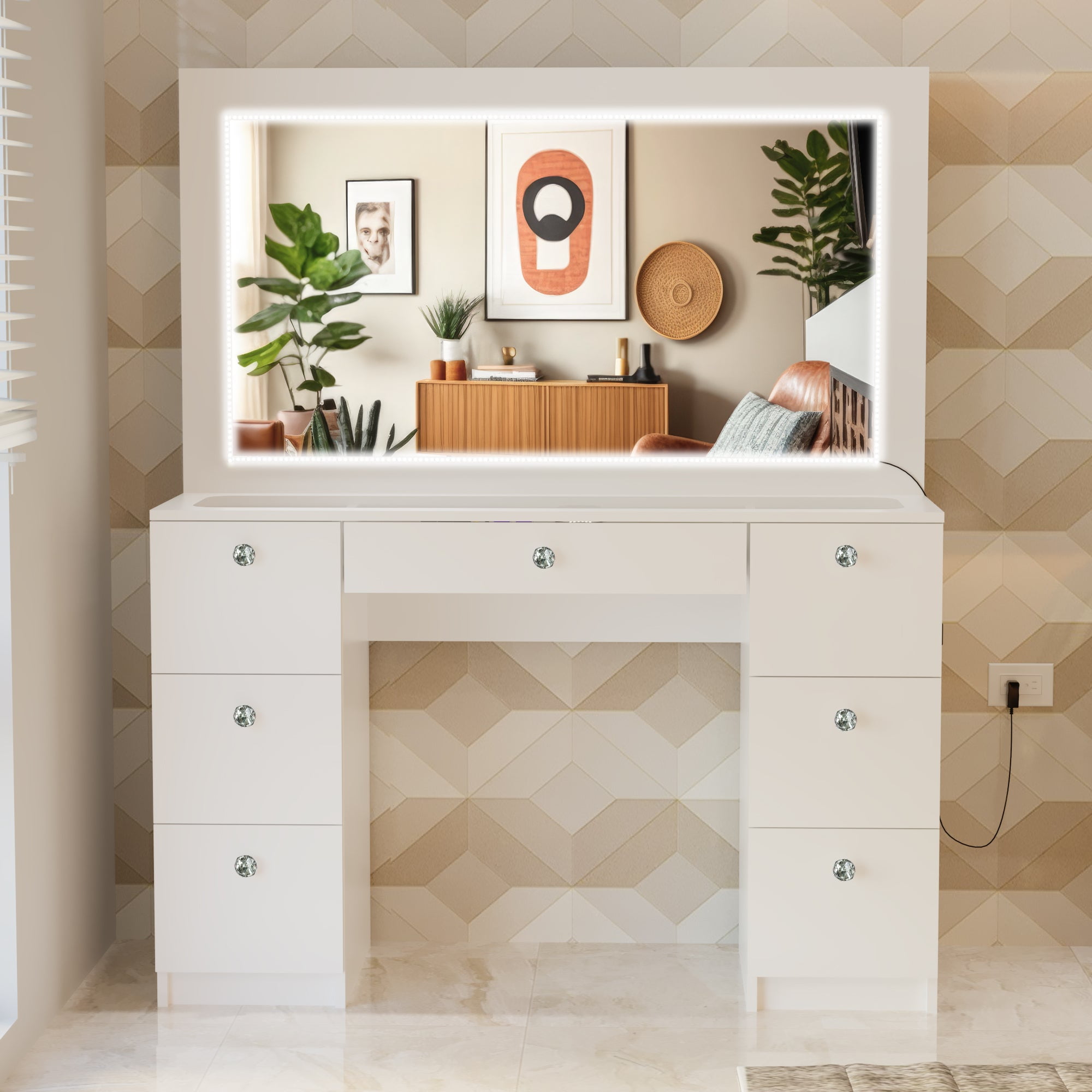 Boahaus Seraphine White Modern Vanity Desk with Mirror, LED Lights, 7