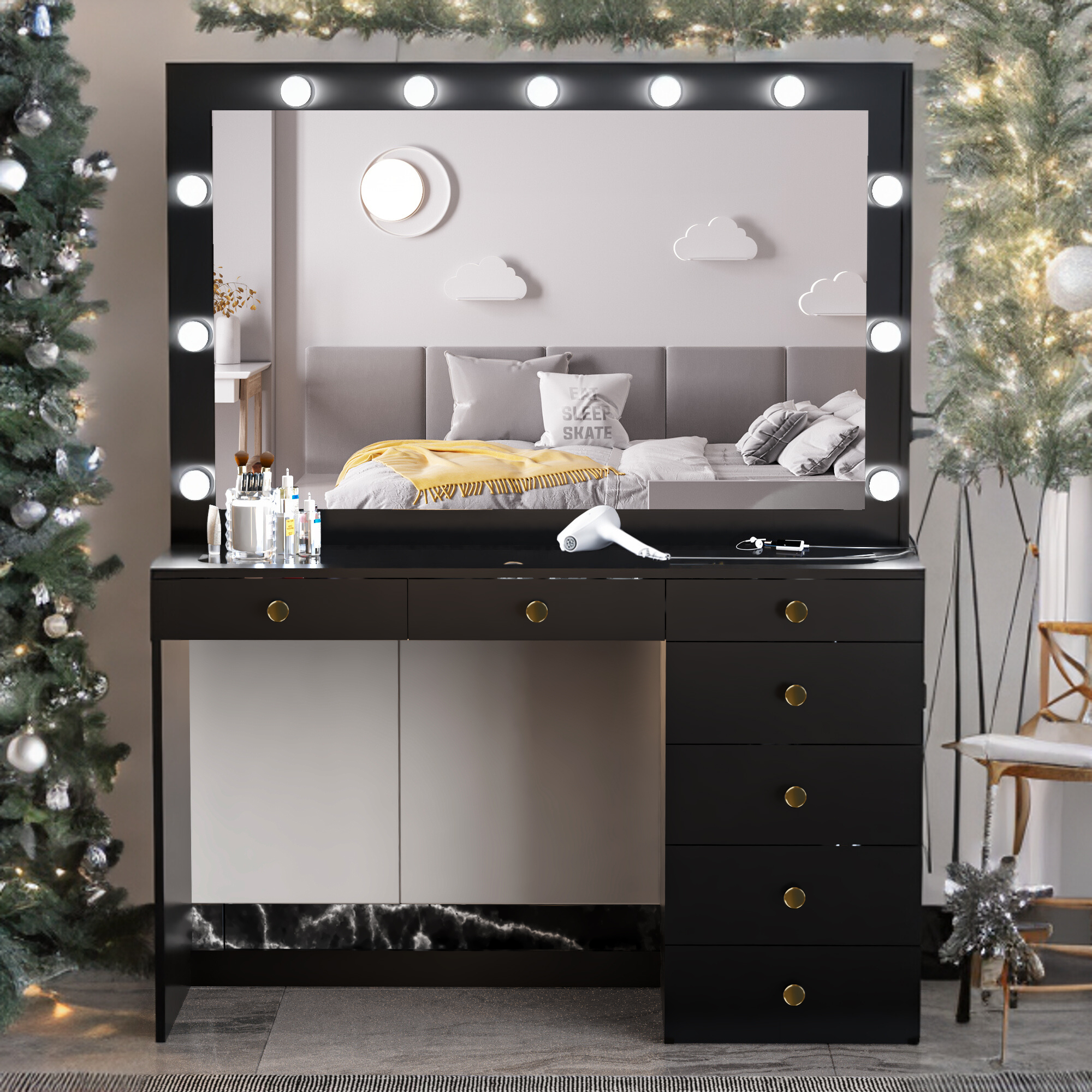 Boahaus Serena Modern Makeup Vanity With Lights, 7 Drawers, Mirror
