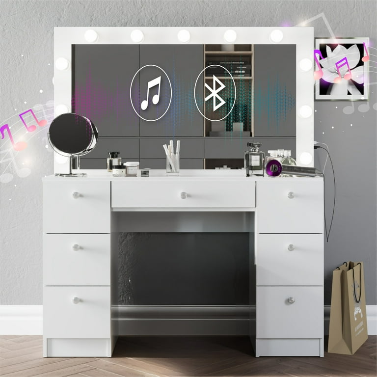 Boahaus Skye White Glass Top Vanity Desk with Lights, Bluetooth