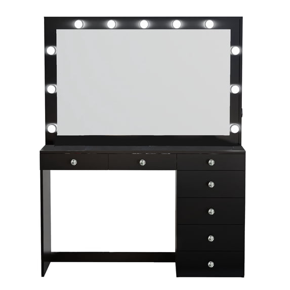 Ember Interiors Ghada Black Lighted Makeup Vanity Desk with Charging Station for Bedroom