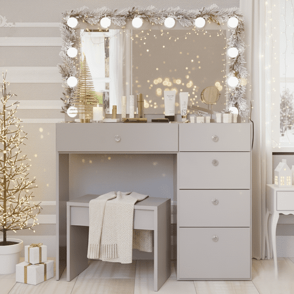 Ember Interiors Ghada Modern Gray Makeup Vanity Desk with Built-in Lights and USB Port for Bedroom