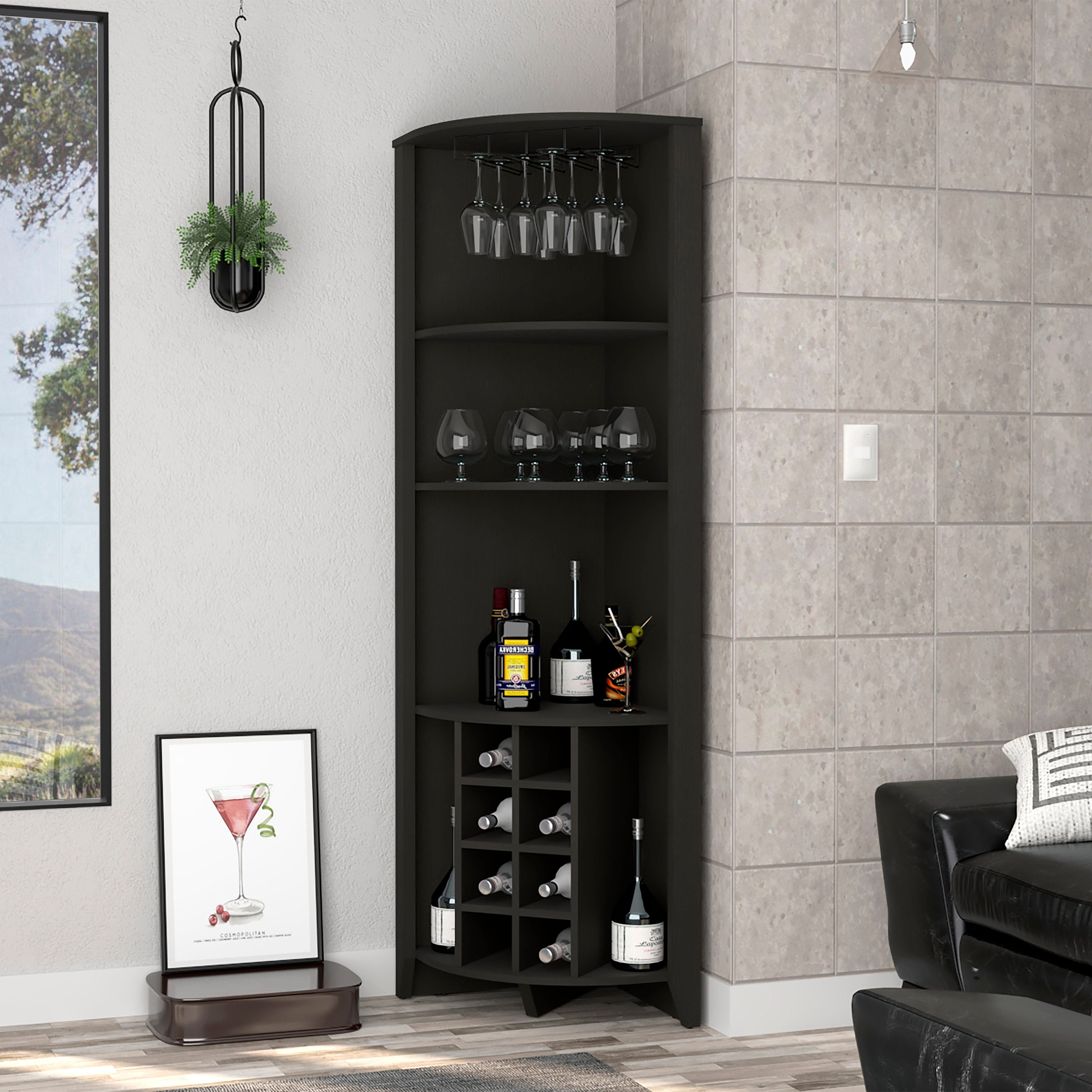 Boahaus Stanley Modern Bar 5 Open Shelves, Wine Glass Rack, Black Wengue