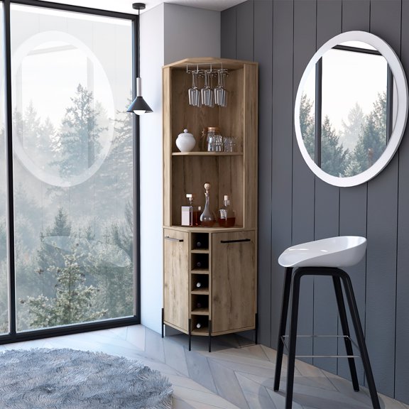 Boahaus Sunderland Modern Corner Bar Cabinet with 2 Cabinets and 2 Open Shelves, Macadamia