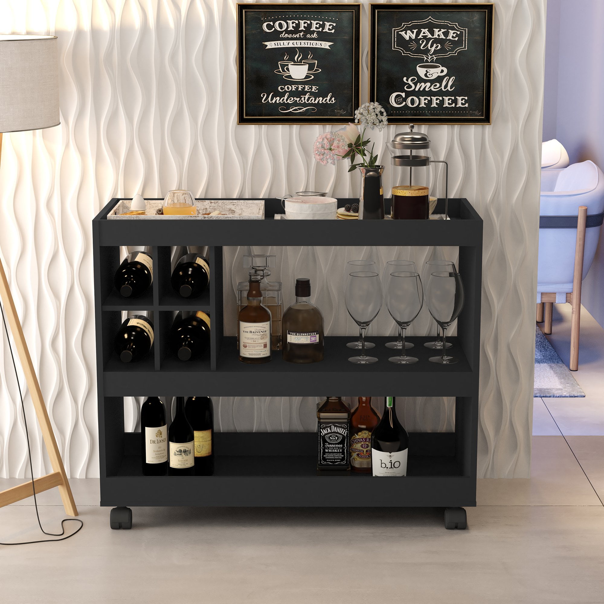 Boahaus Swansea Black Modern Bar Cart, Wine Rack, 2 Shelves, Wood