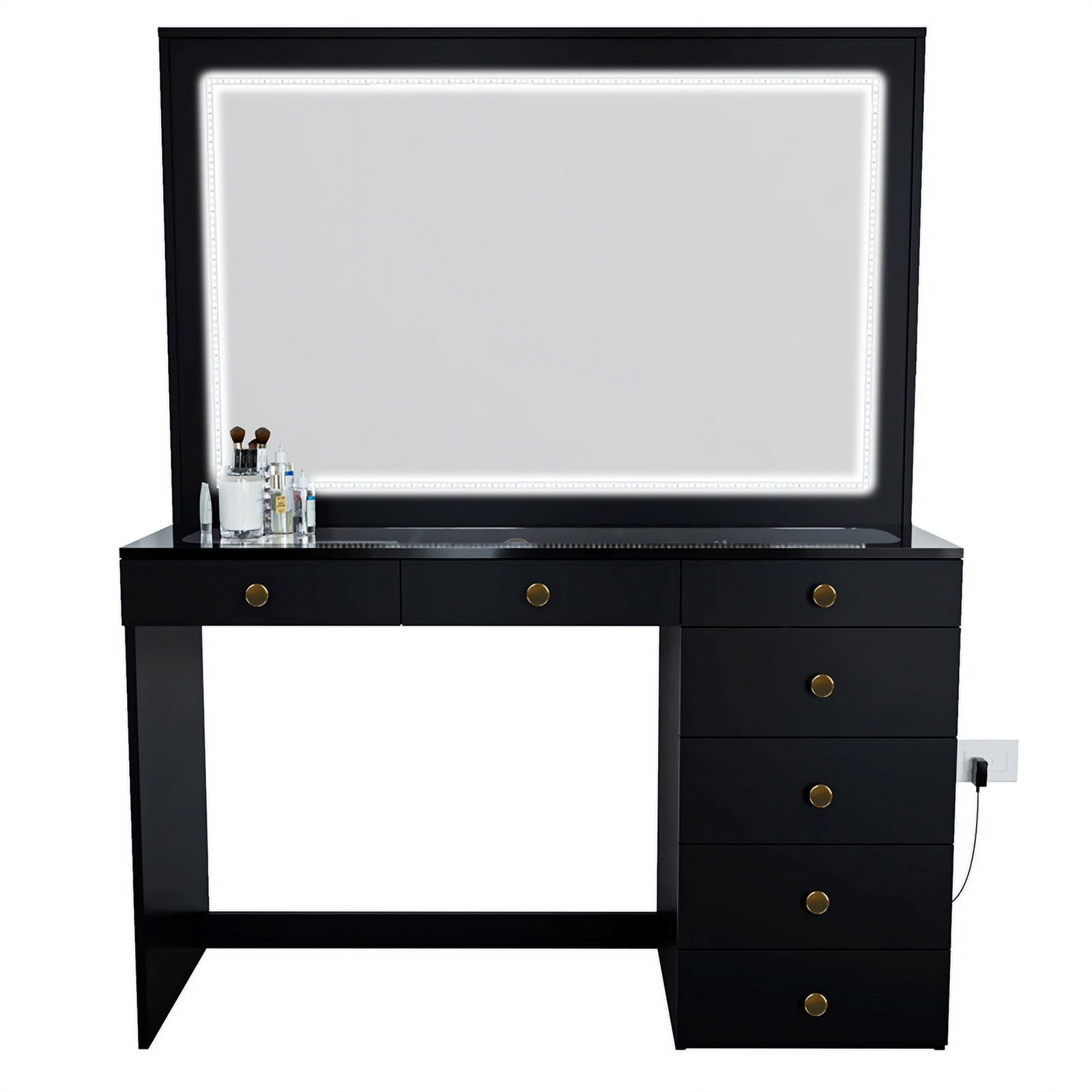 Boahaus Theia Modern Black Vanity Desk 7 Drawers Golden Knobs