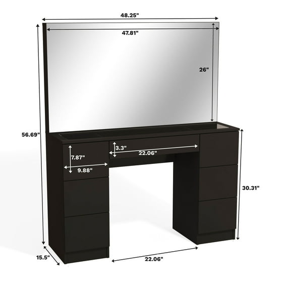 Boahaus Venus Modern Vanity, Glass Top, 07 Drawers - N/A Black-Gold Knobs Black Finish