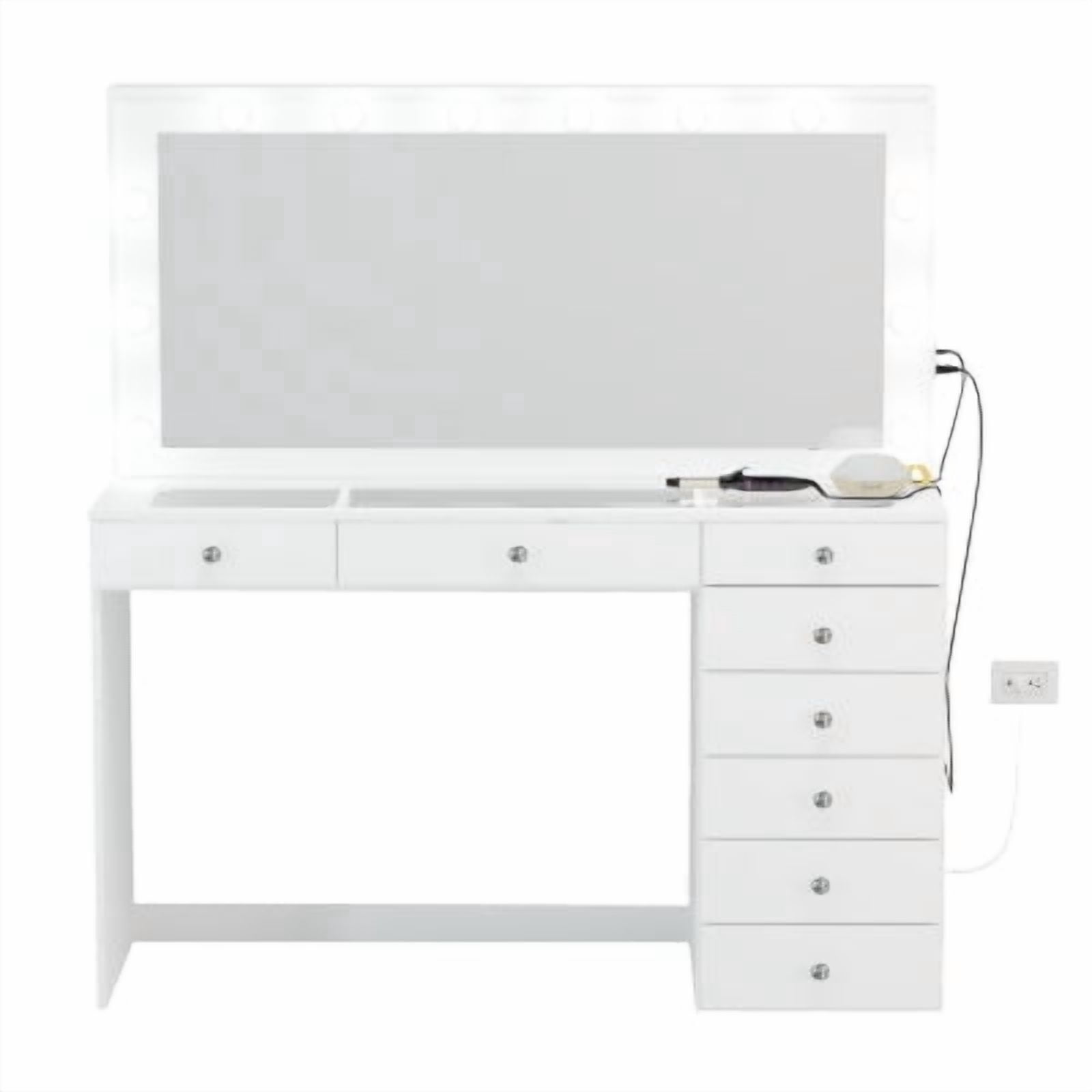 Boahaus Verona Large Vanity Desk with Mirror and Lights  8 Drawer Makeup Vanity Table with Storage and Power Outlet