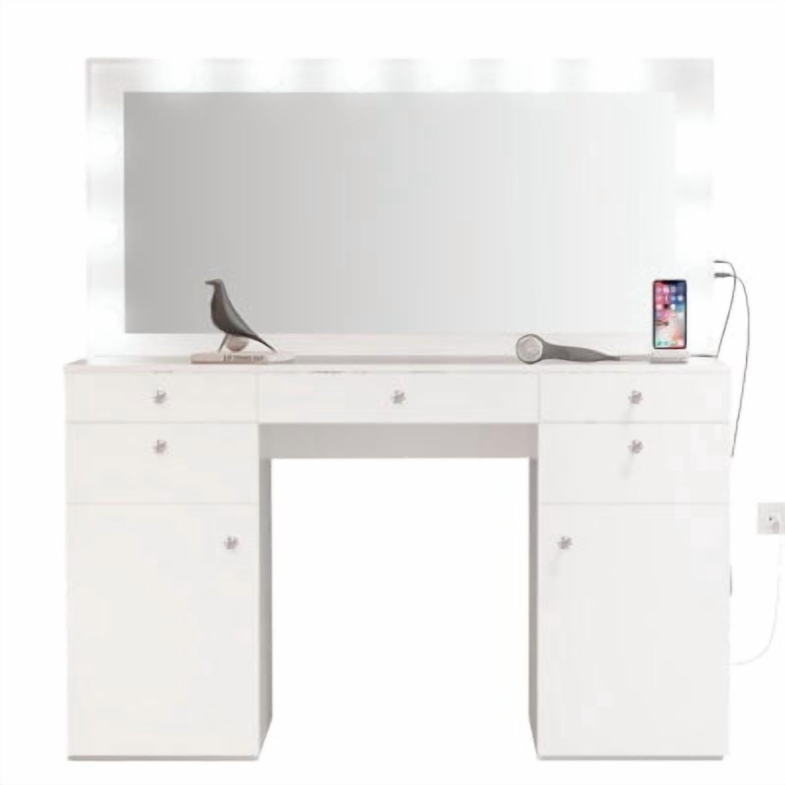 Boahaus Verona Large Vanity Desk with Mirror and Lights – 5 Drawer Makeup Vanity Table with Storage and Power Outlet