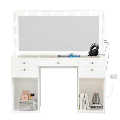 Boahaus Verona Large Vanity Desk with Mirror and Lights – Makeup Vanity Table with Storage and Power Outlet for Adults