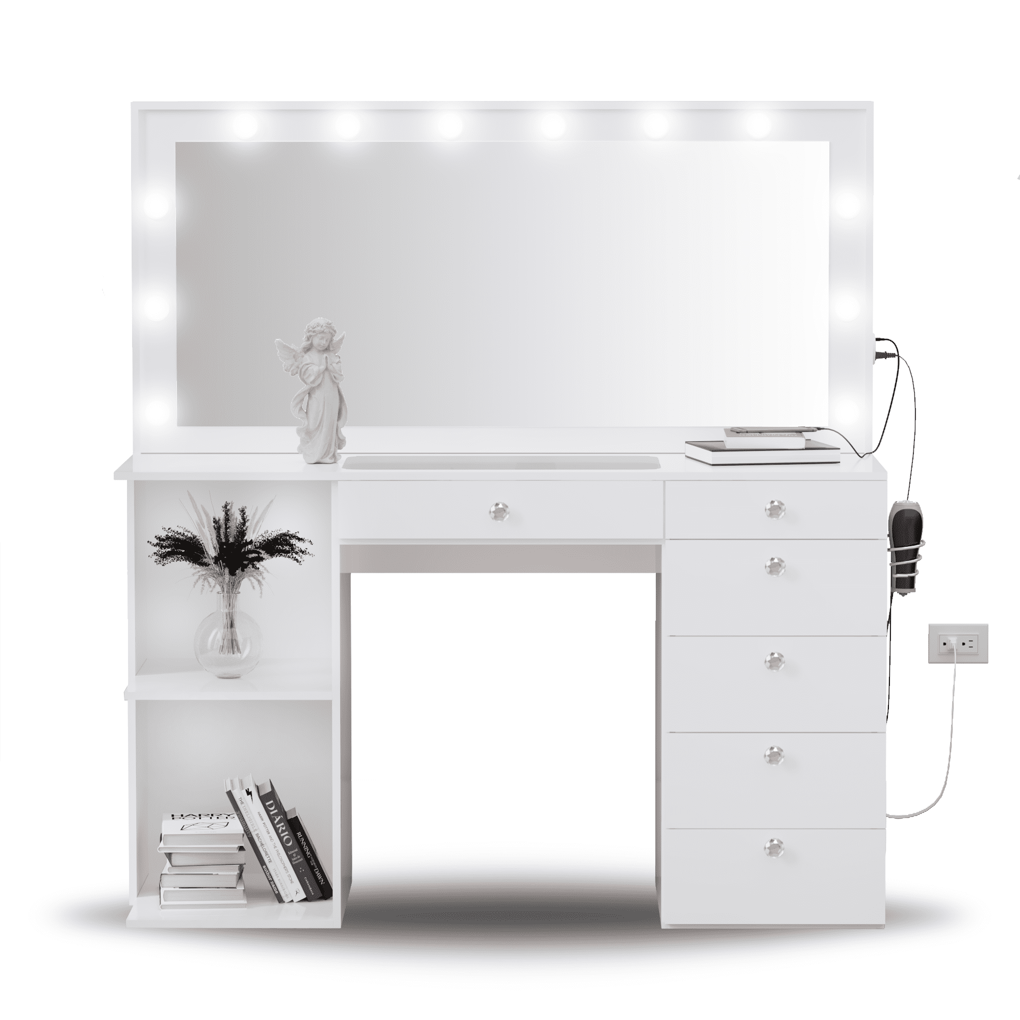 Boahaus Verona Large Vanity Desk with Mirror and Lights – 6 Drawer Makeup Vanity Table with 2 Open Shelves and Built-in Power Outlet