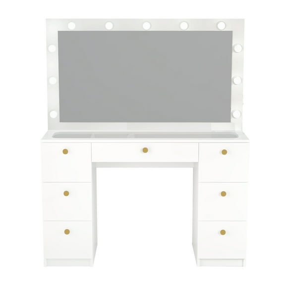 Boahaus Yara Bedroom Makeup Vanity Desk with Mirror and Lights, 7 Drawers, Glass Top, USB Port, Golden Knobs, White Big Vanity Makeup Desk for Women - New Built-In Lights Version