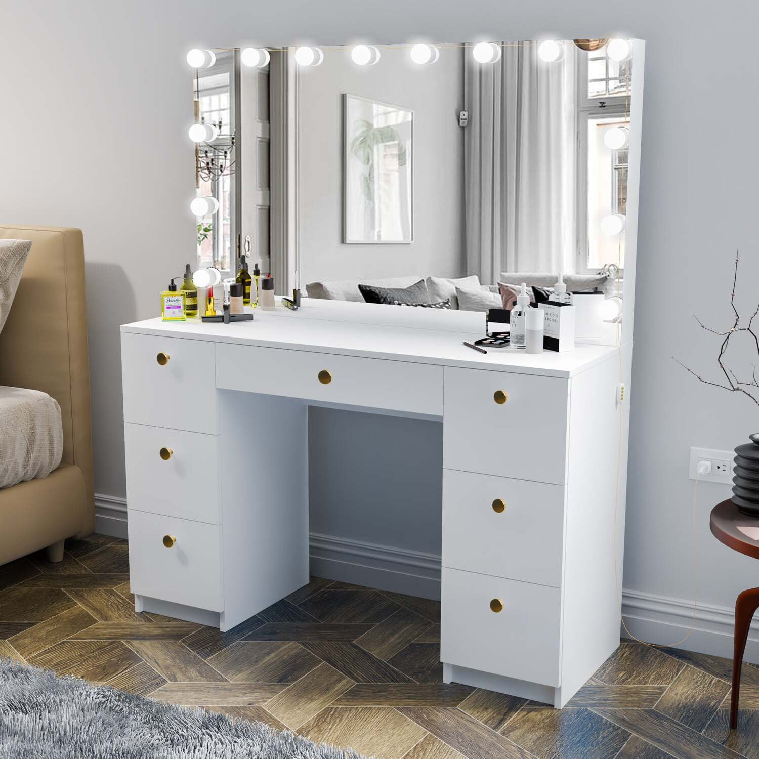 Boahaus Yara Makeup Vanity Desk with Frameless Hollywood Vanity Mirror