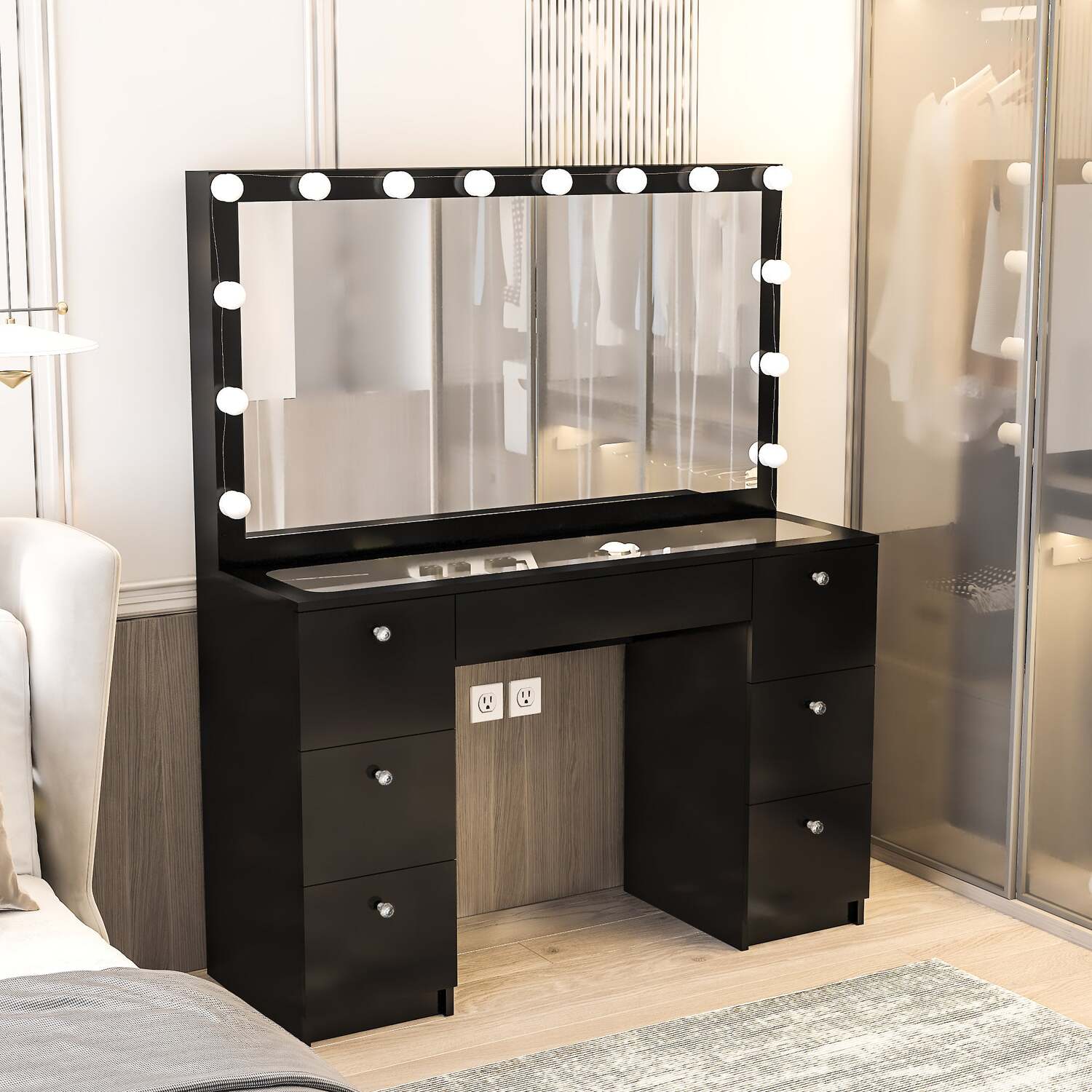 Boahaus Yara Modern Makeup Vanity with Hollywood Light Bulbs AddOn, 7